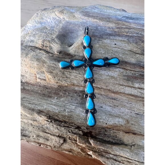 Zuni Sterling Silver Turquoise Cross Pendant - Picture 1 of 11